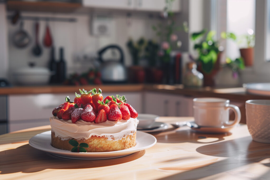 Delicious Raspberry Cake in a White Kitchen a cake with strawberries on top on a plate